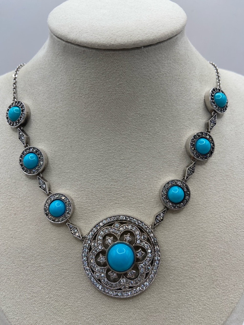 Joseph Esposito Sterling Silver 925 Turquoise Simulated Diamond Necklace 16-18”L